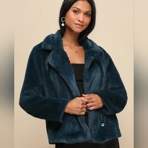Lulu's Poise Teal Faux Fur Collared Jacket